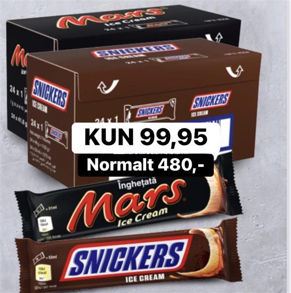 1 kasse Mars eller Snickers is