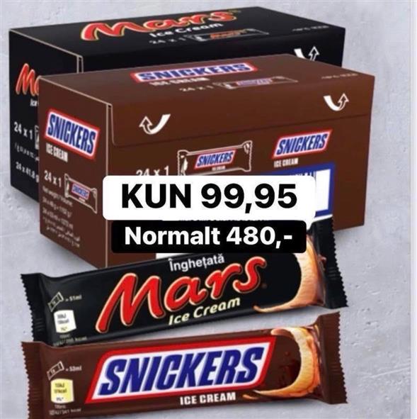 1 kasse Mars eller Snickers is