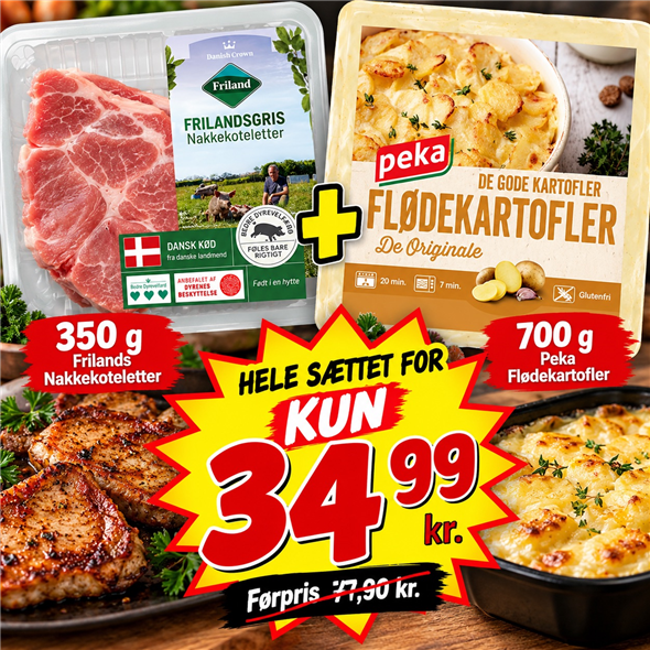 1 sæt koteletter og flødekartofler