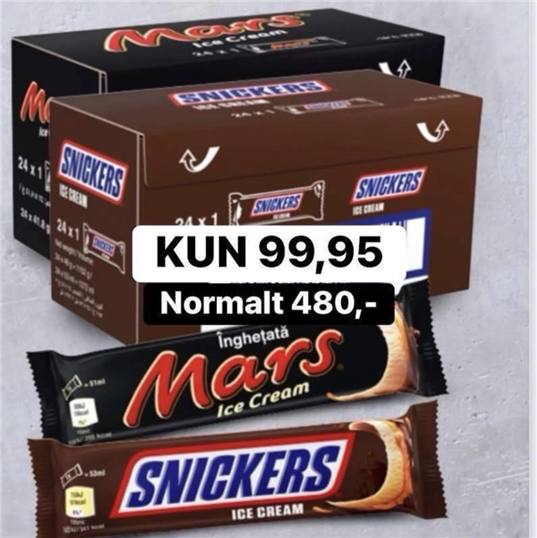 1 kasse Mars eller Snickers is